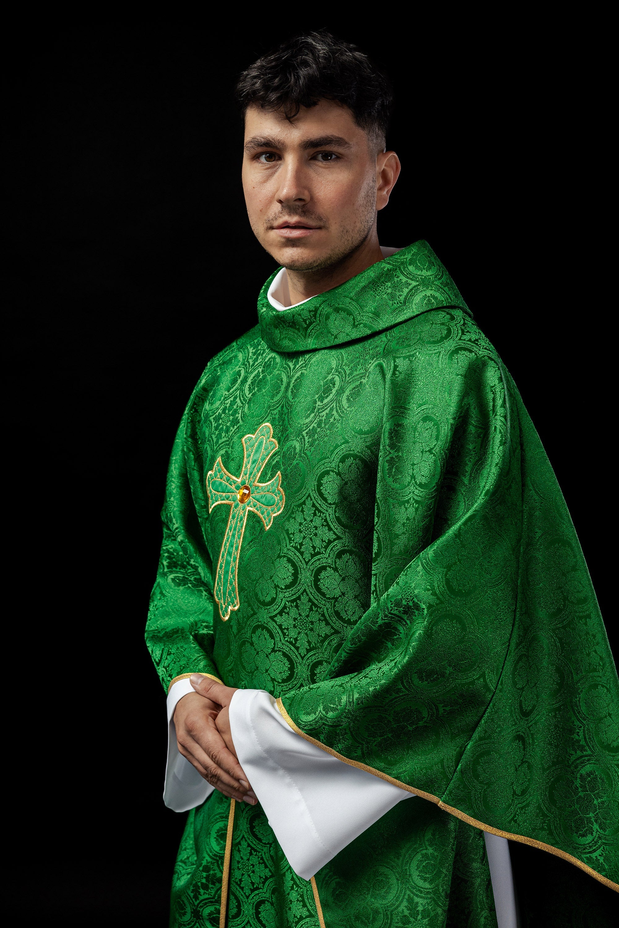 Green chasuble with gold cross