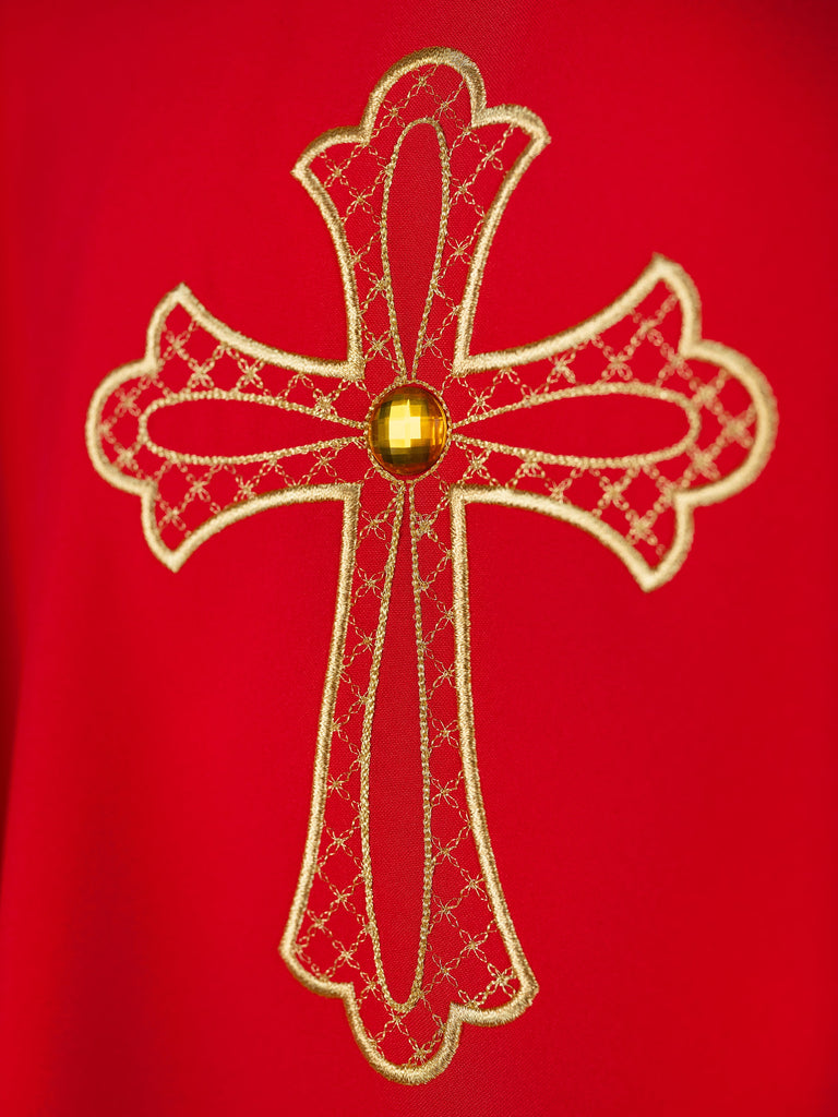Red chasuble embroidered with the symbol of the cros