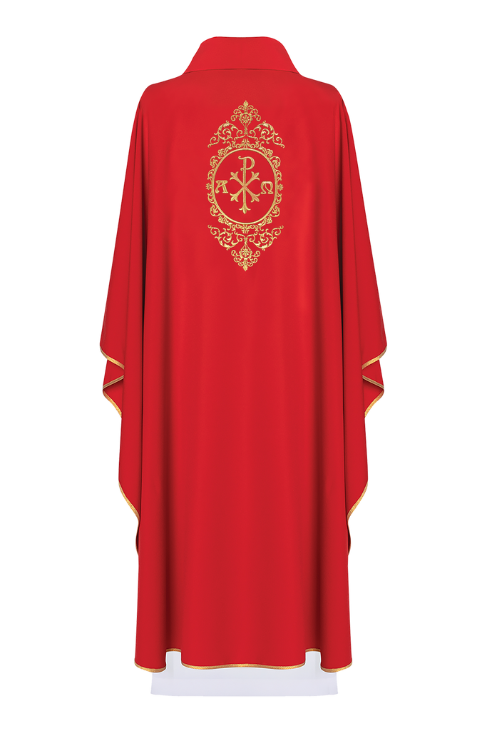 Red chasuble with PAX surrounded by gold embroidery