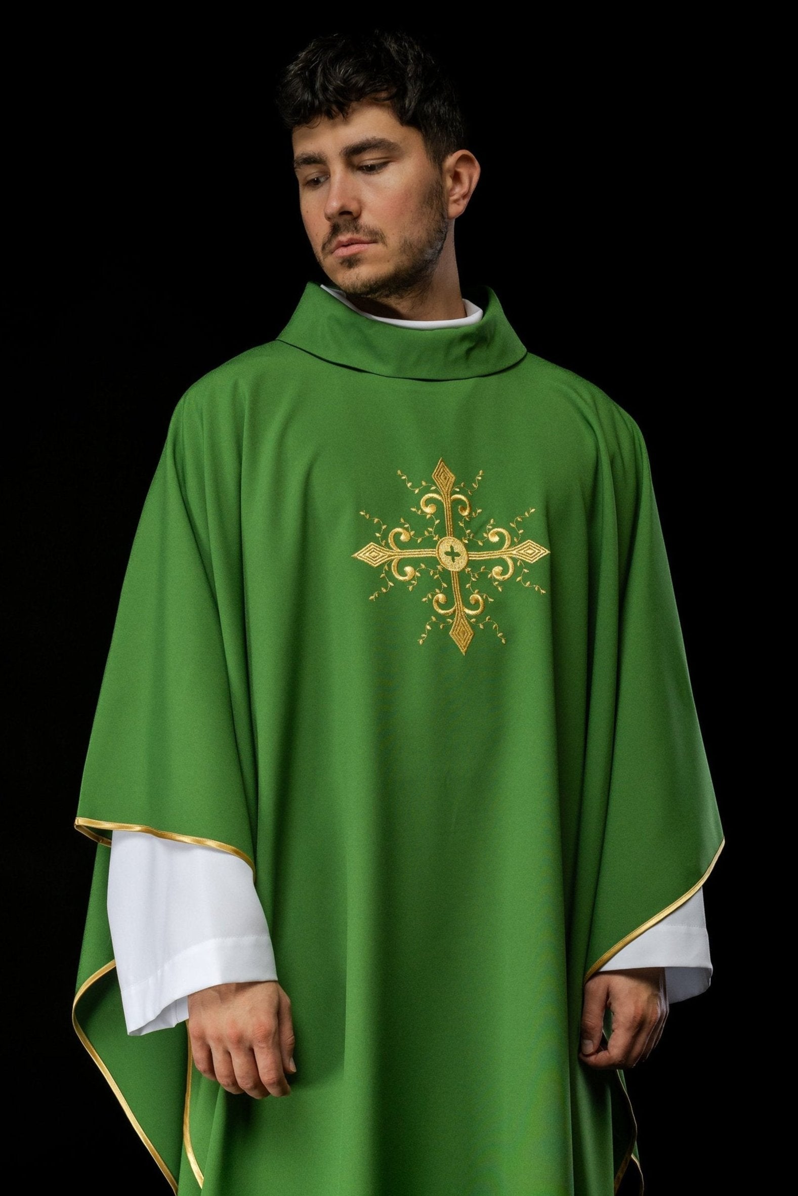 Green chasuble with gold cross motif