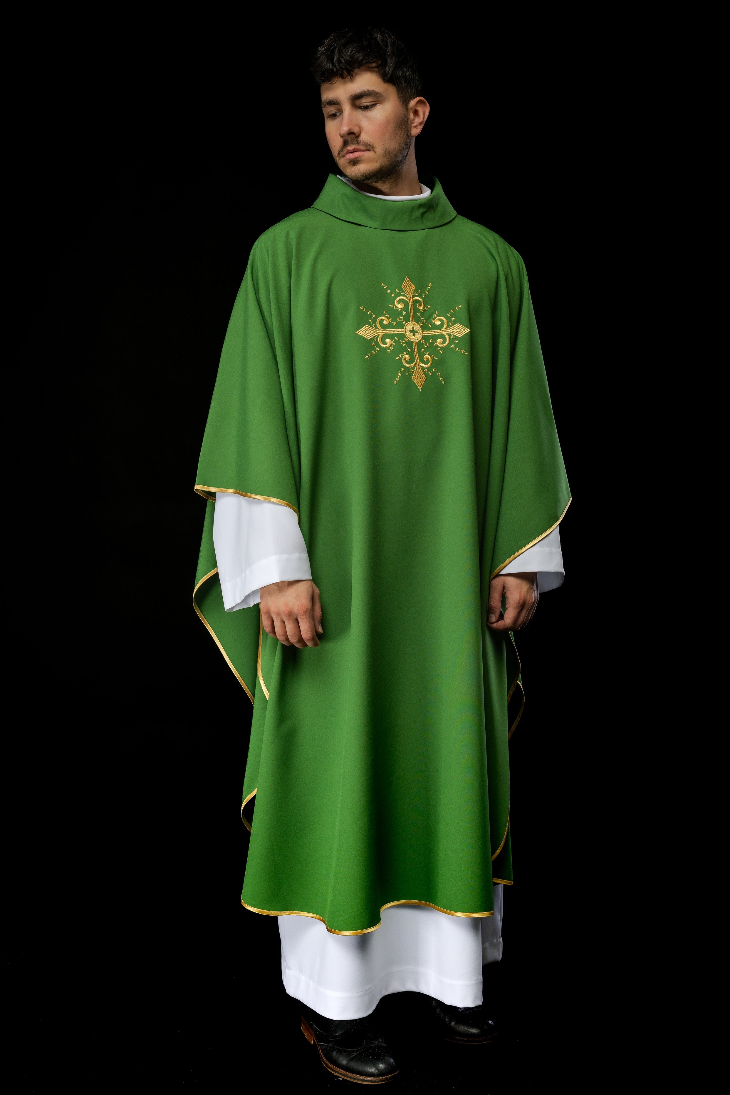 Green chasuble with gold cross motif