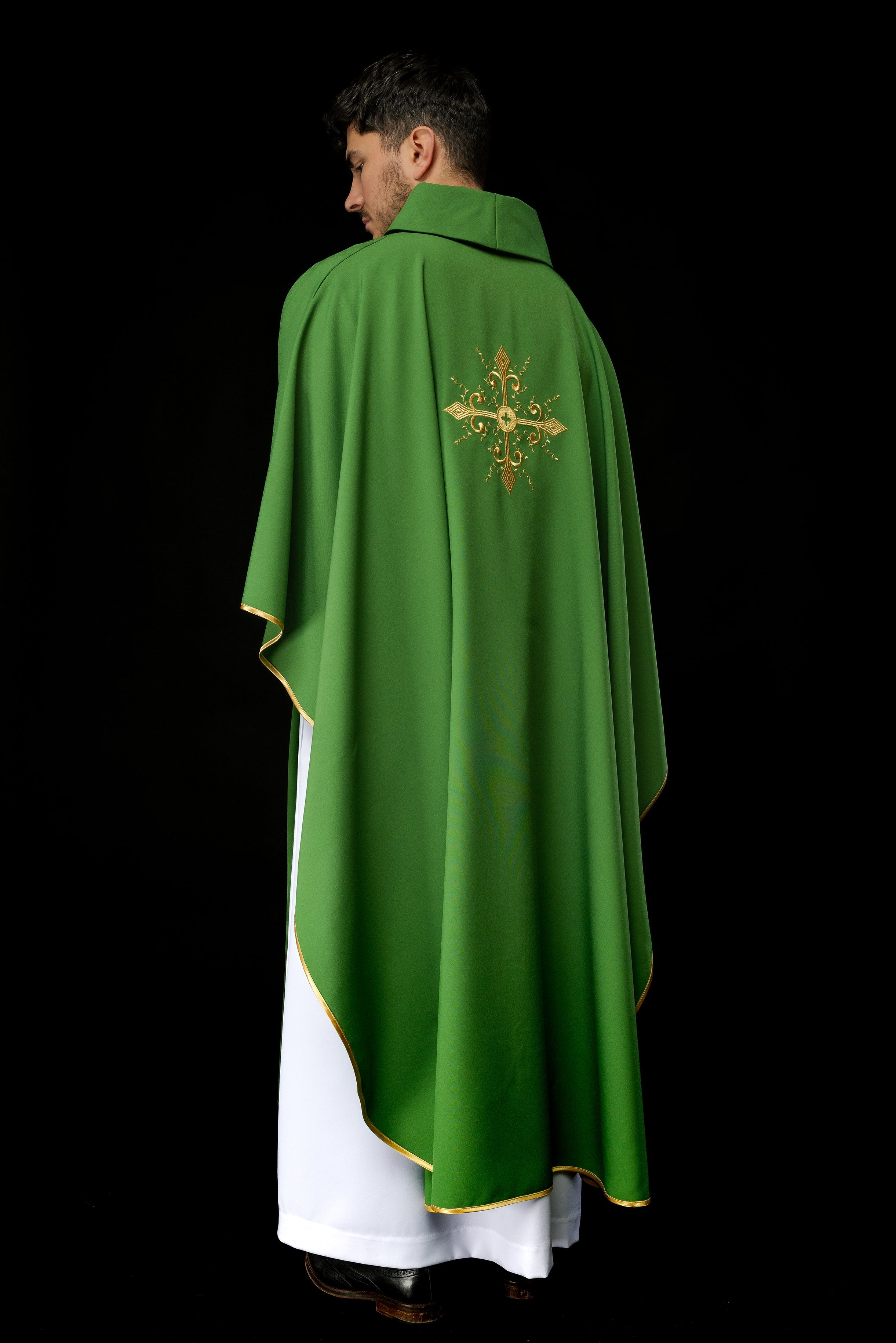 Green chasuble with gold cross motif