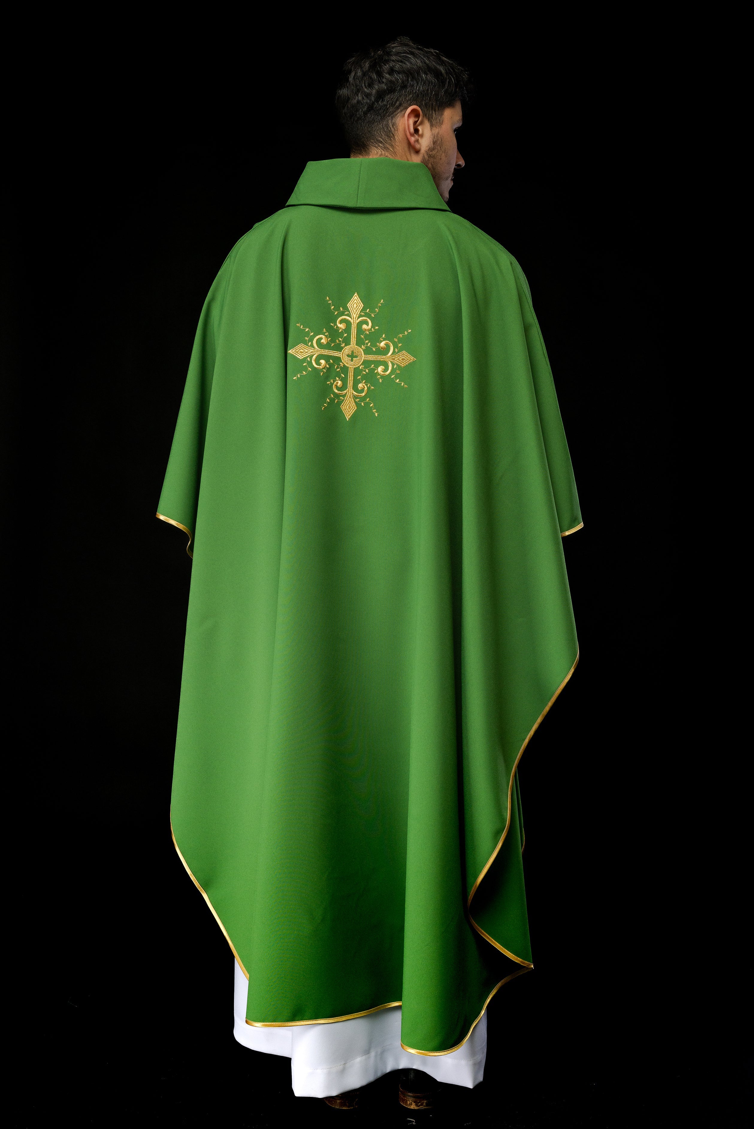 Green chasuble with gold cross motif