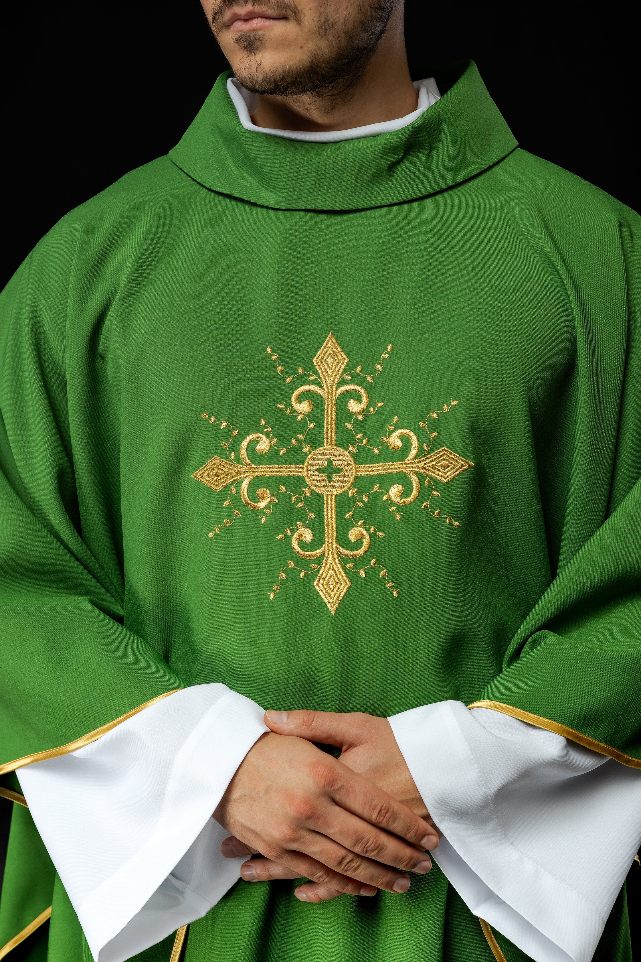 Green chasuble with gold cross motif