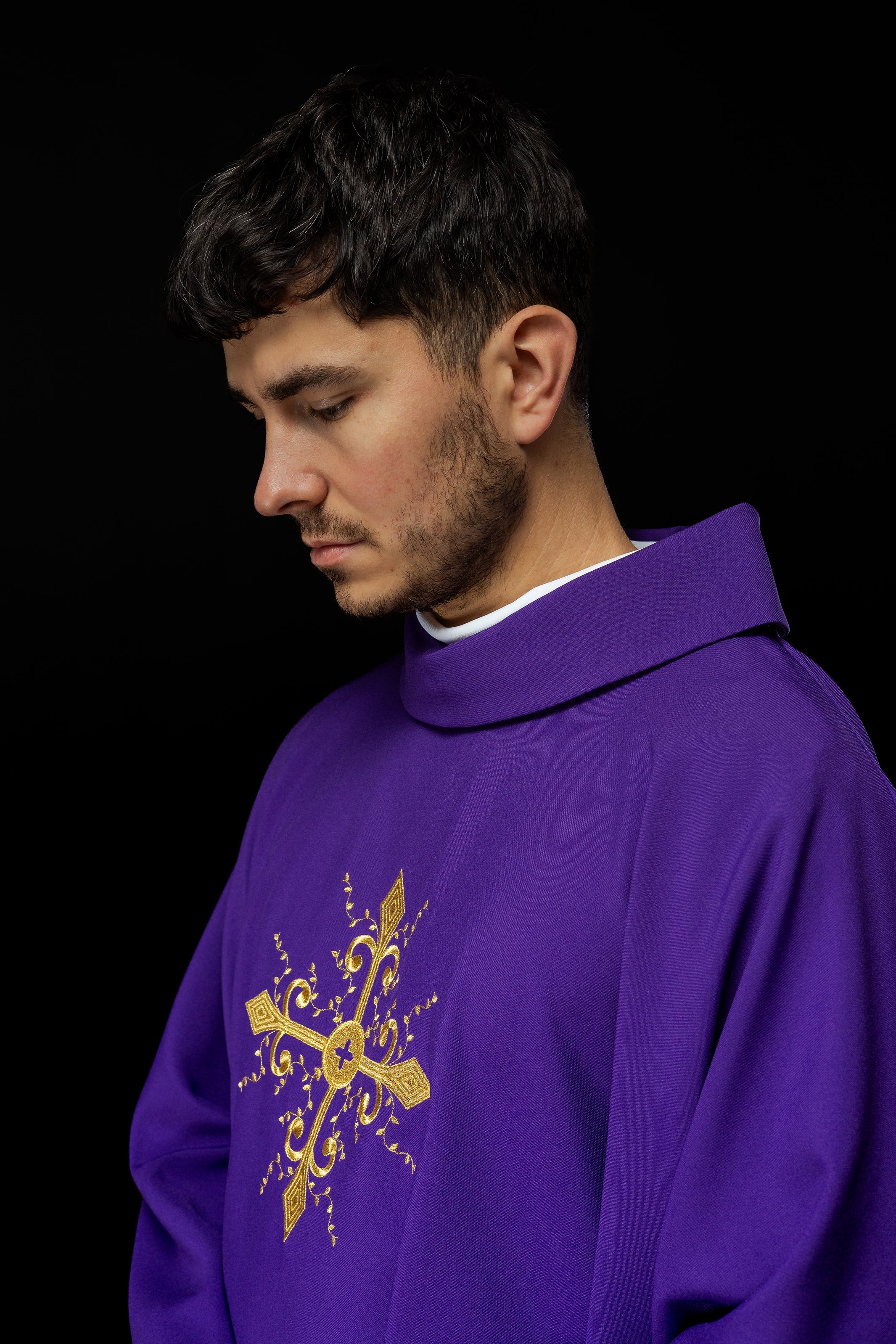 Purple chasuble with gold cross motif