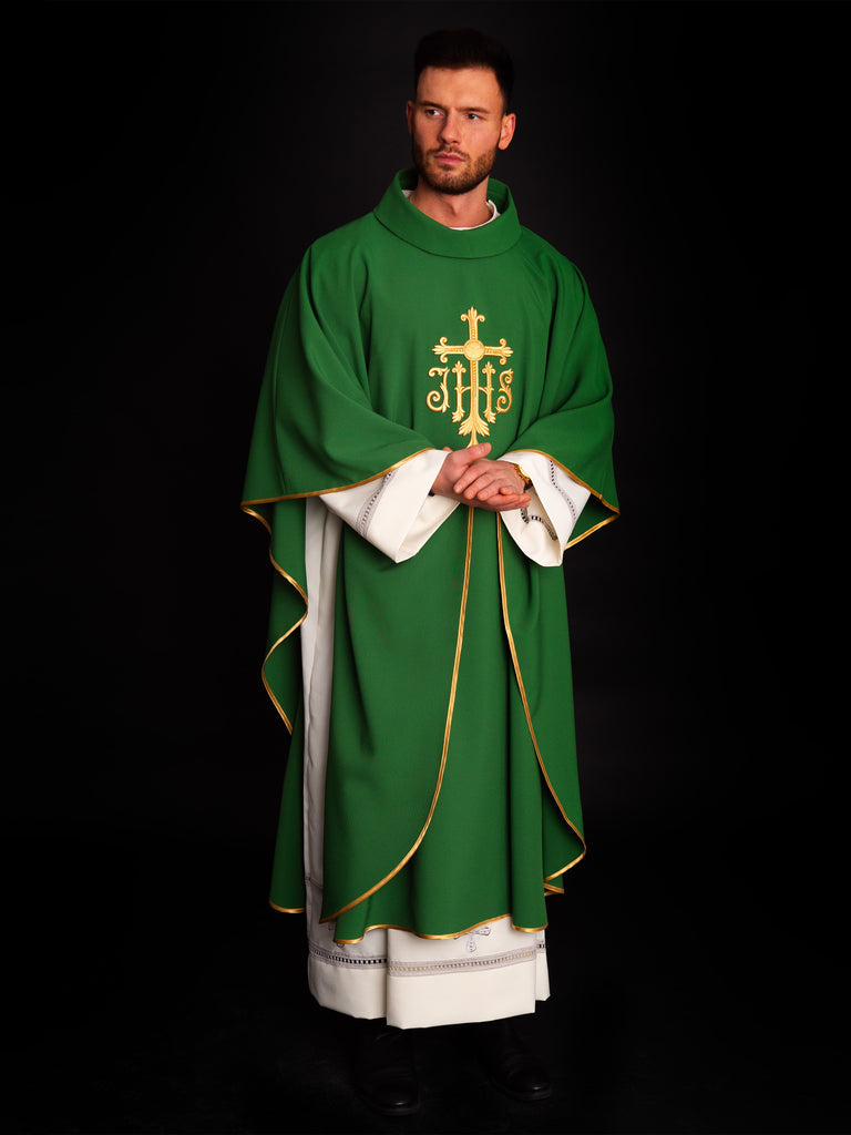 Chasuble embroidered with IHS symbol in green