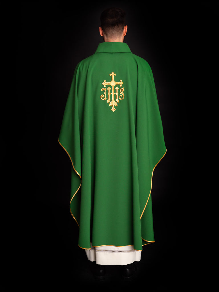 Chasuble embroidered with IHS symbol in green