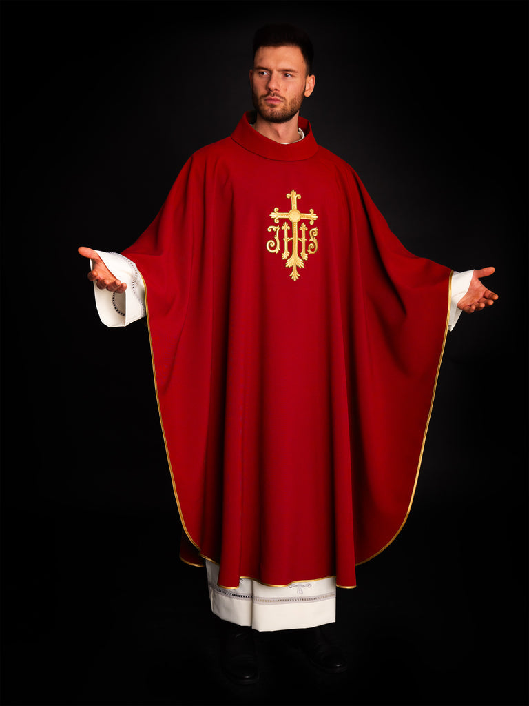 Chasuble embroidered with IHS symbol in red
