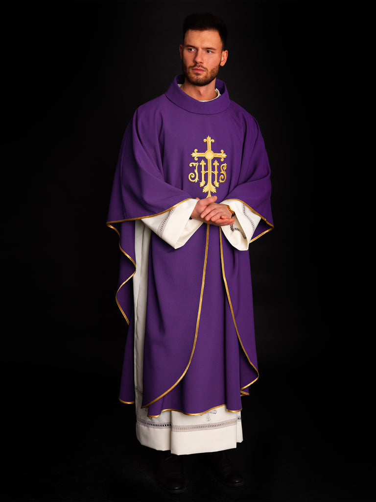 Chasuble embroidered with IHS symbol in purple