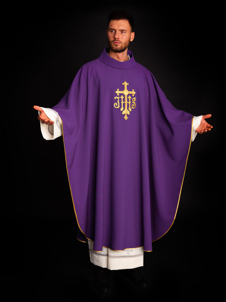 Chasuble embroidered with IHS symbol in purple