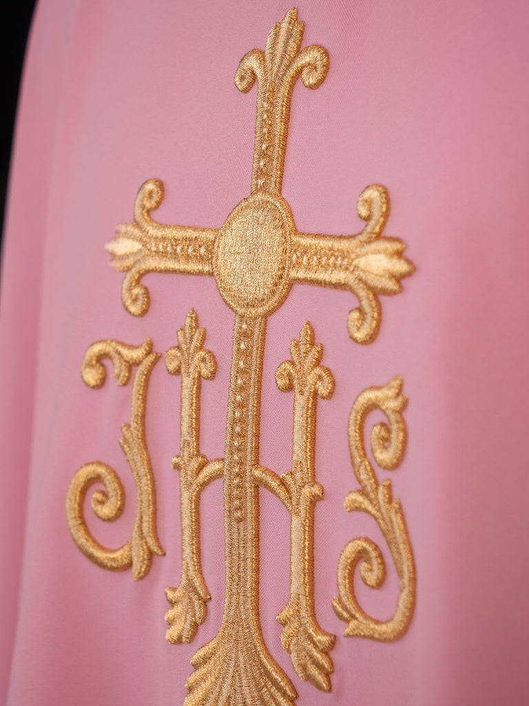 Chasuble embroidered with IHS symbol in pink