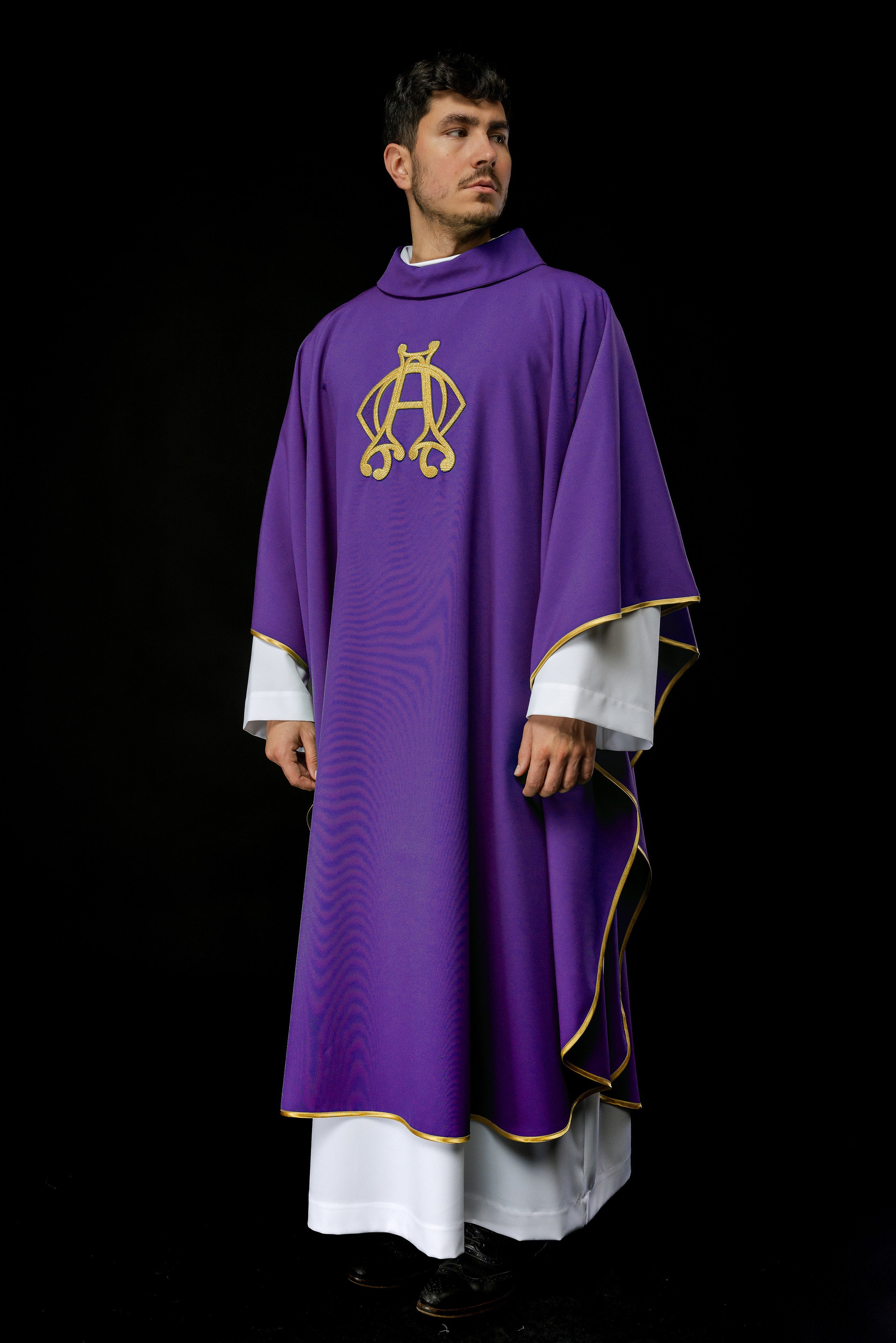 Purple chasuble with Alfa and Omega embroidery