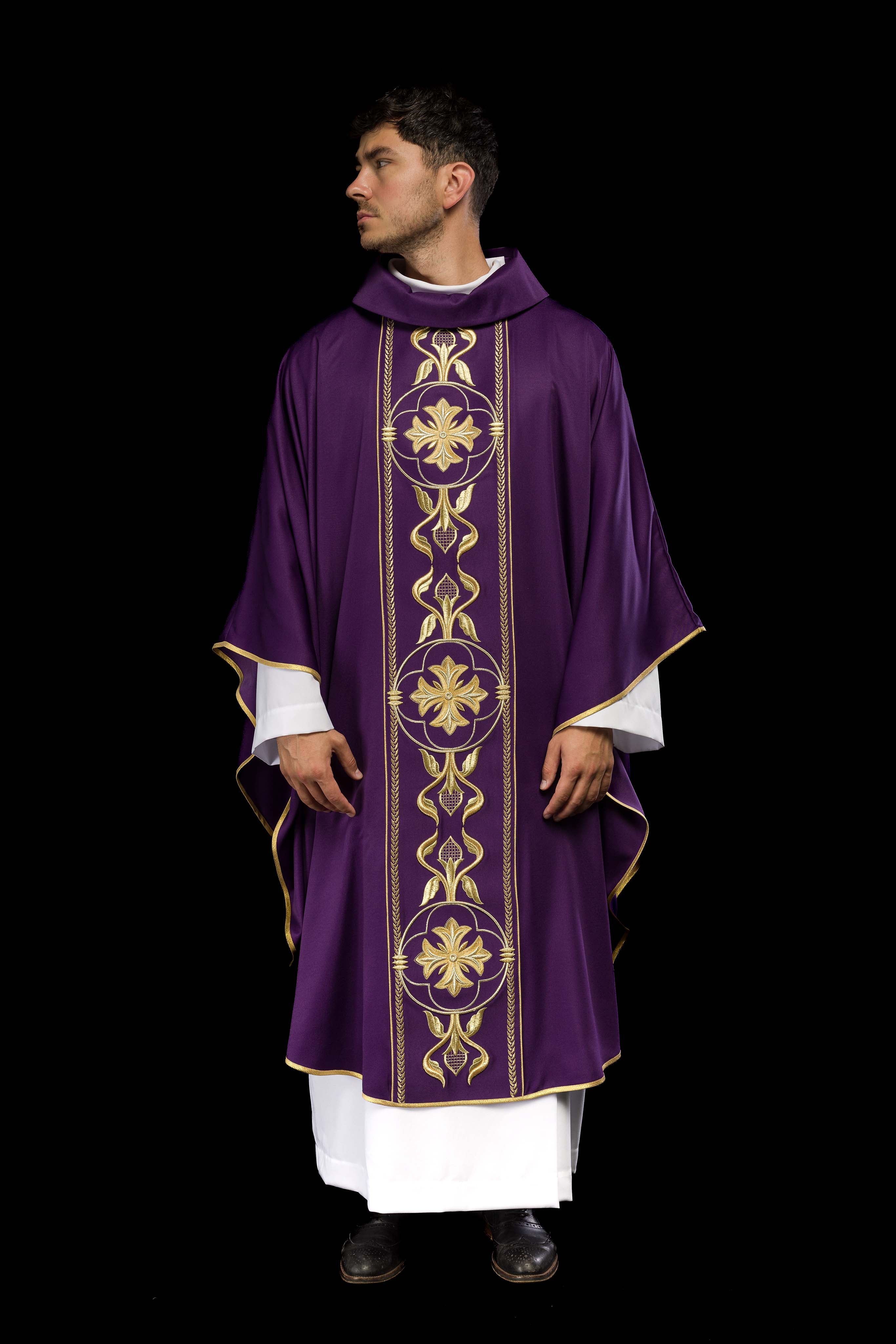 Embroidered purple chasuble with decorative band