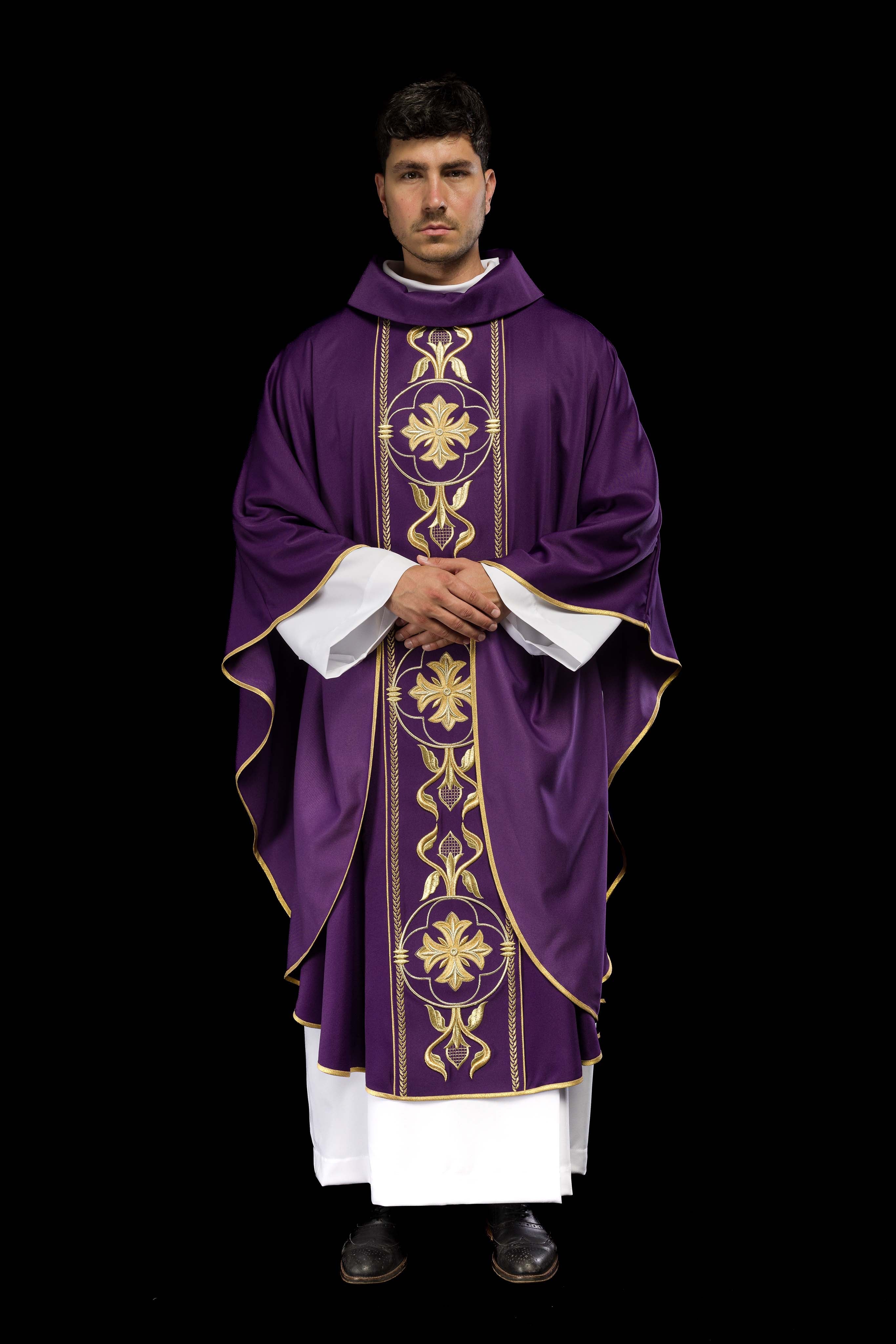 Embroidered purple chasuble with decorative band