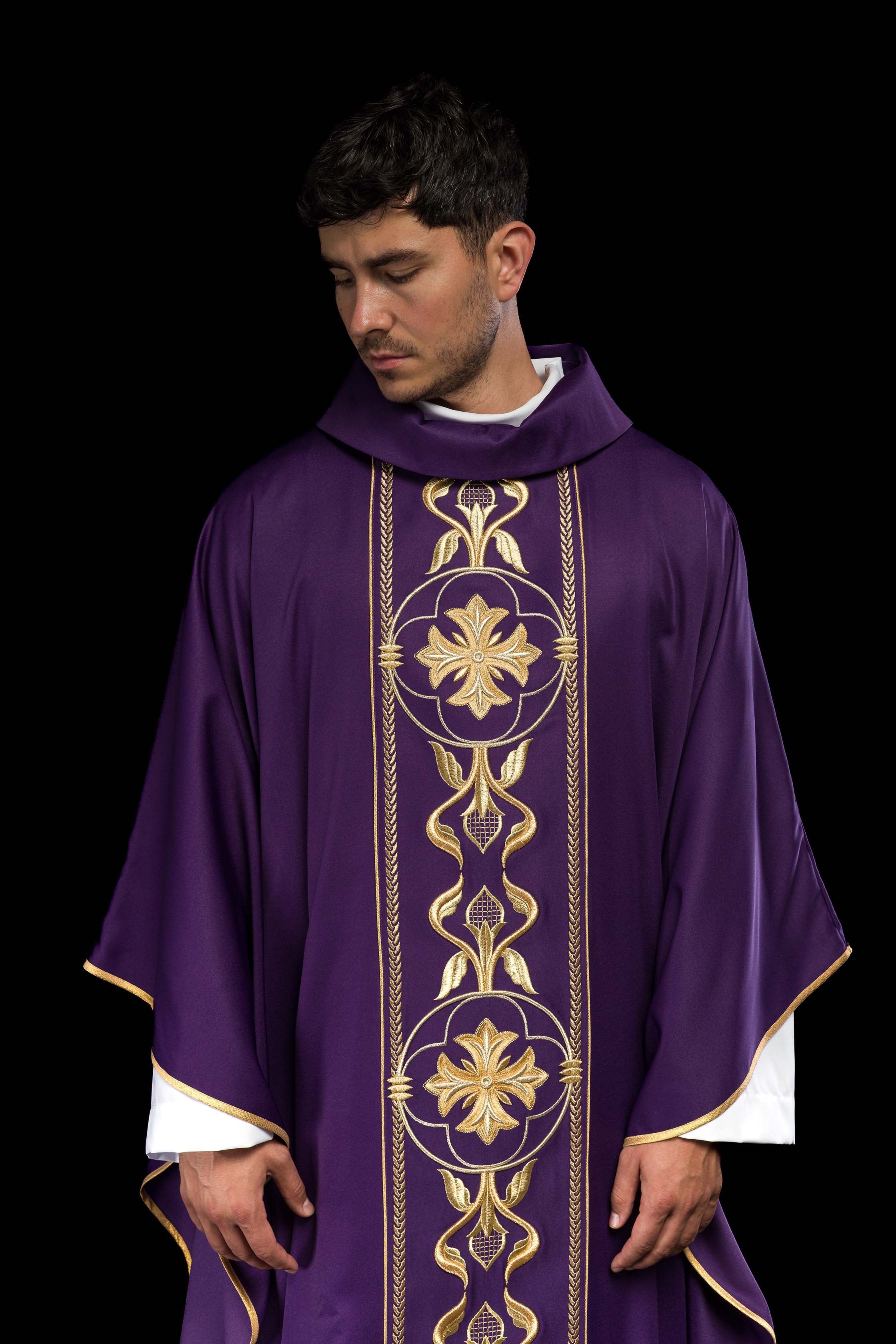 Embroidered purple chasuble with decorative band