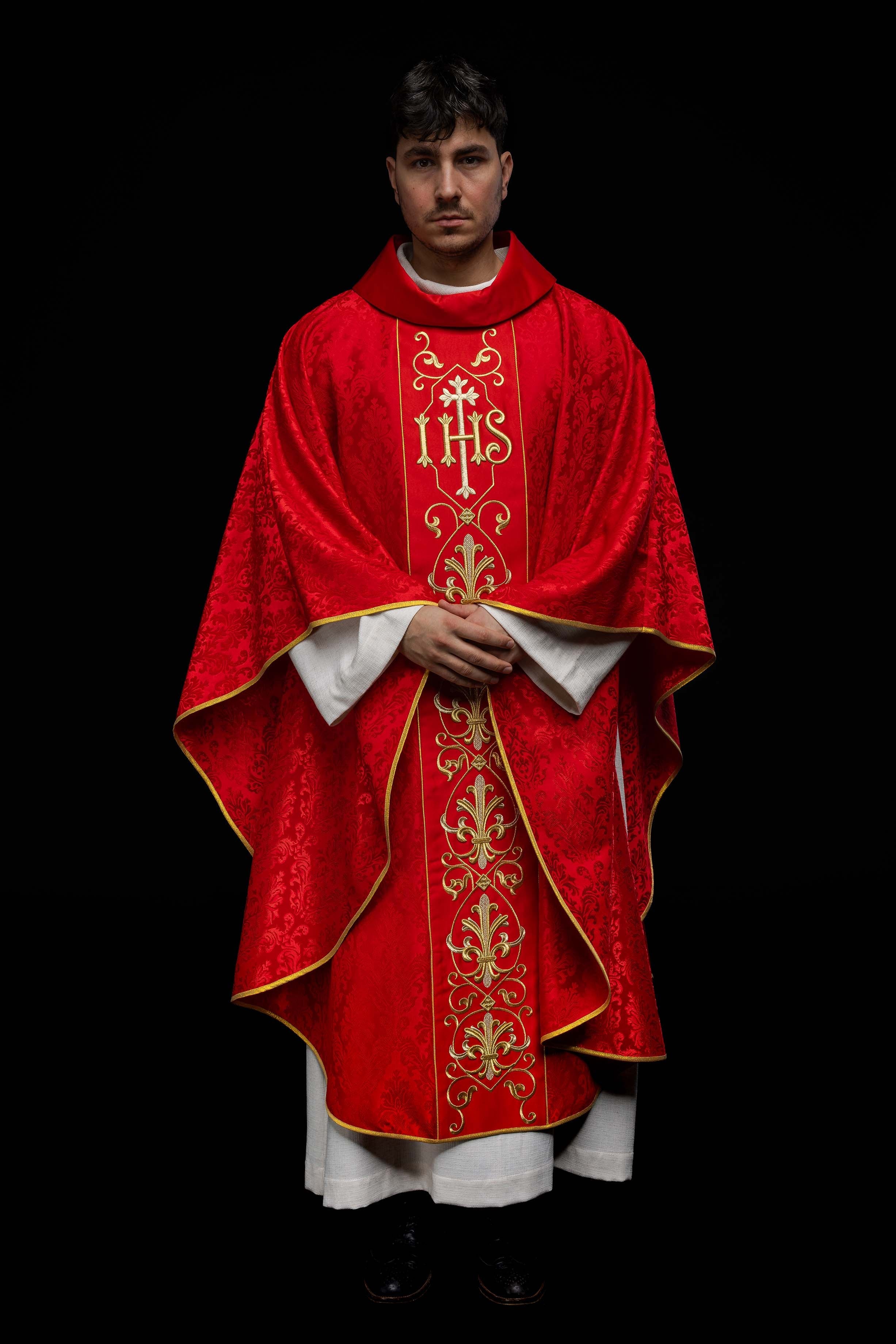 Richly embroidered red IHS chasuble - HAFTINAUSA.COM