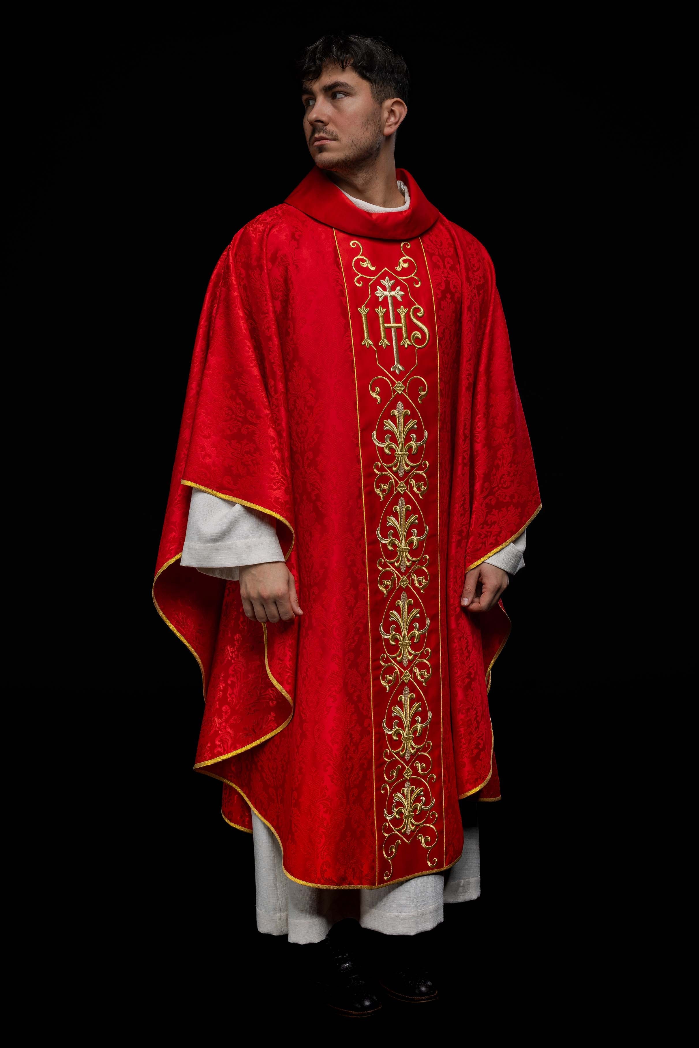 Richly embroidered red IHS chasuble - HAFTINAUSA.COM