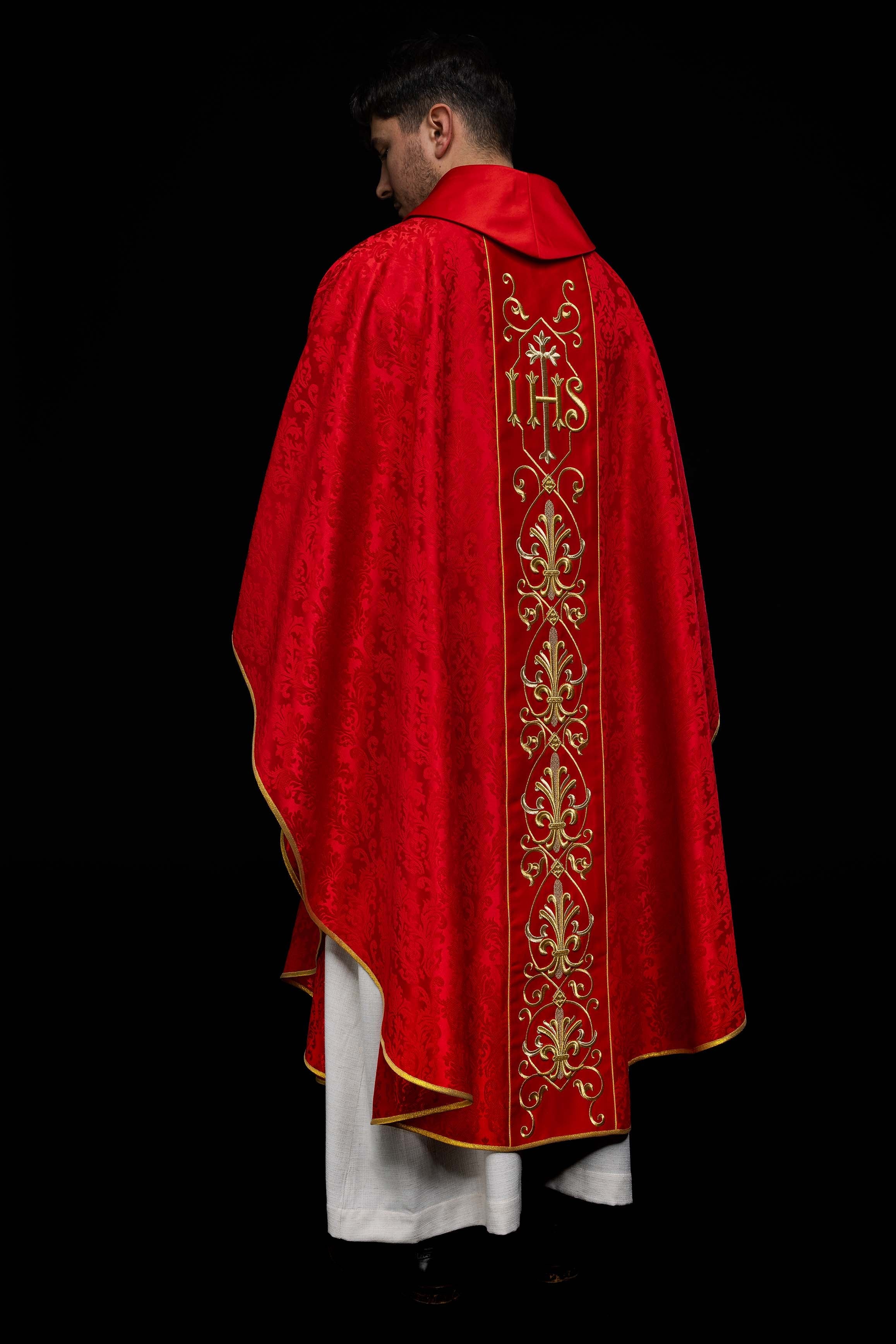 Richly embroidered red IHS chasuble - HAFTINAUSA.COM