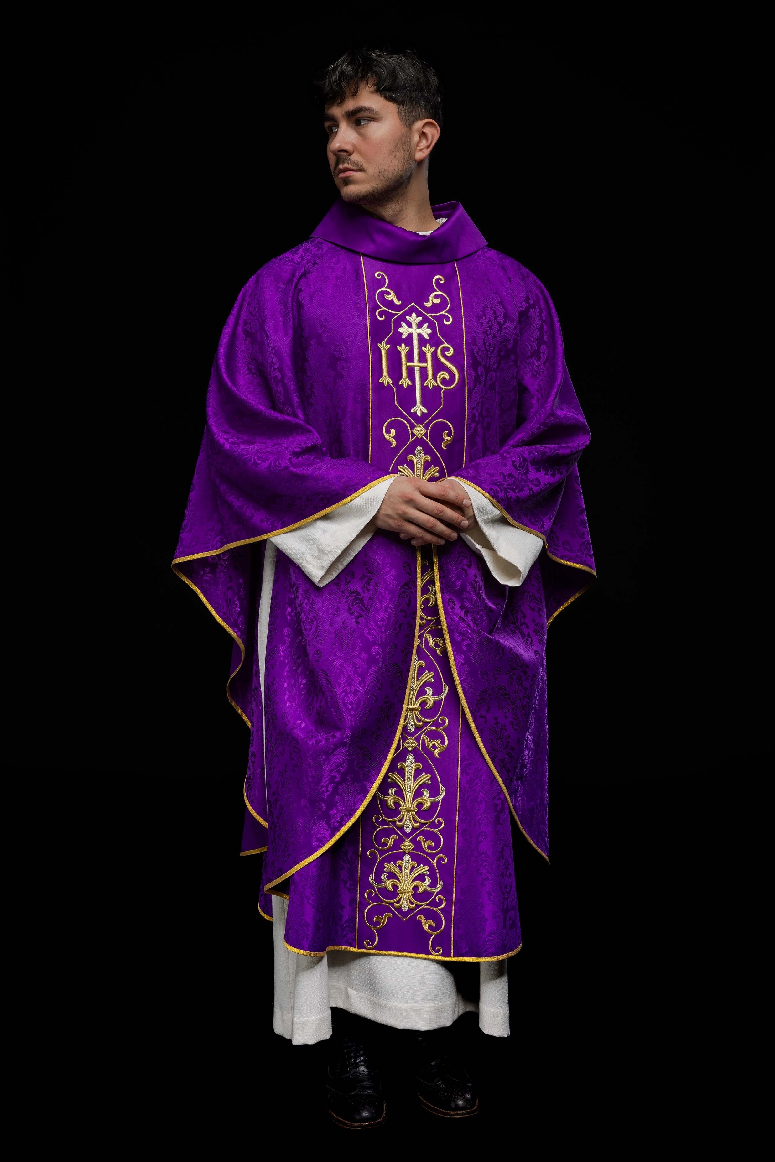 Richly embroidered purple IHS chasuble - HAFTINAUSA.COM