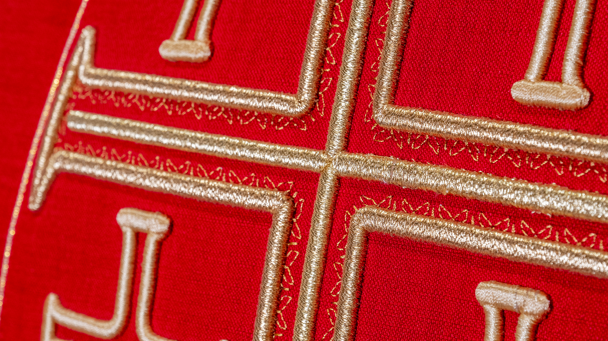 Chasuble embroidered with Jerusalem Crosses in red