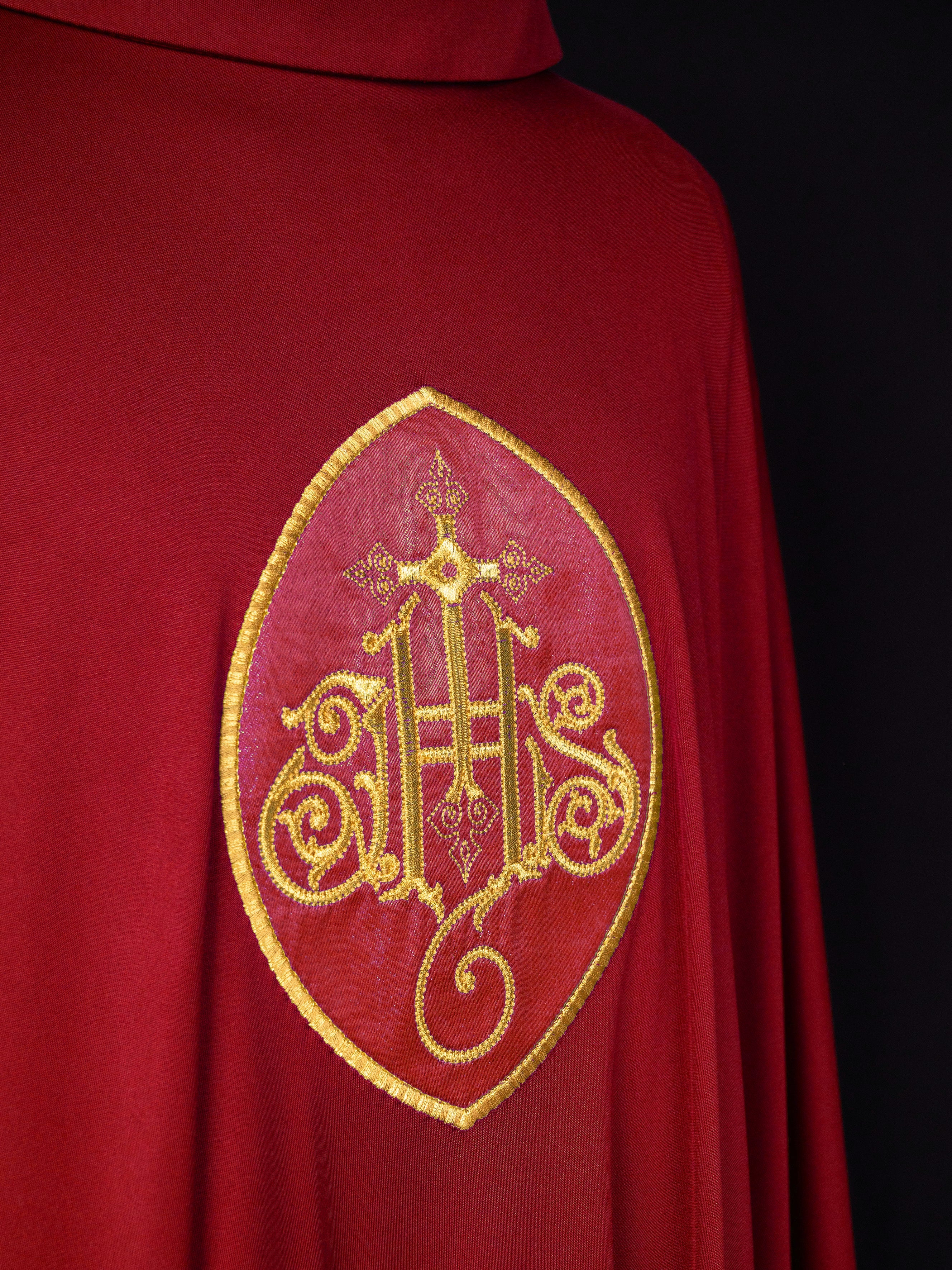 Lightweight red chasuble with IHS made from SACROLITE