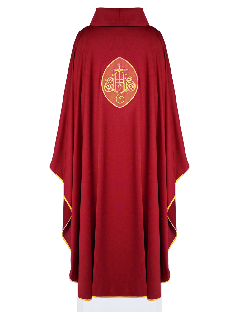 Lightweight red chasuble with IHS made from SACROLITE