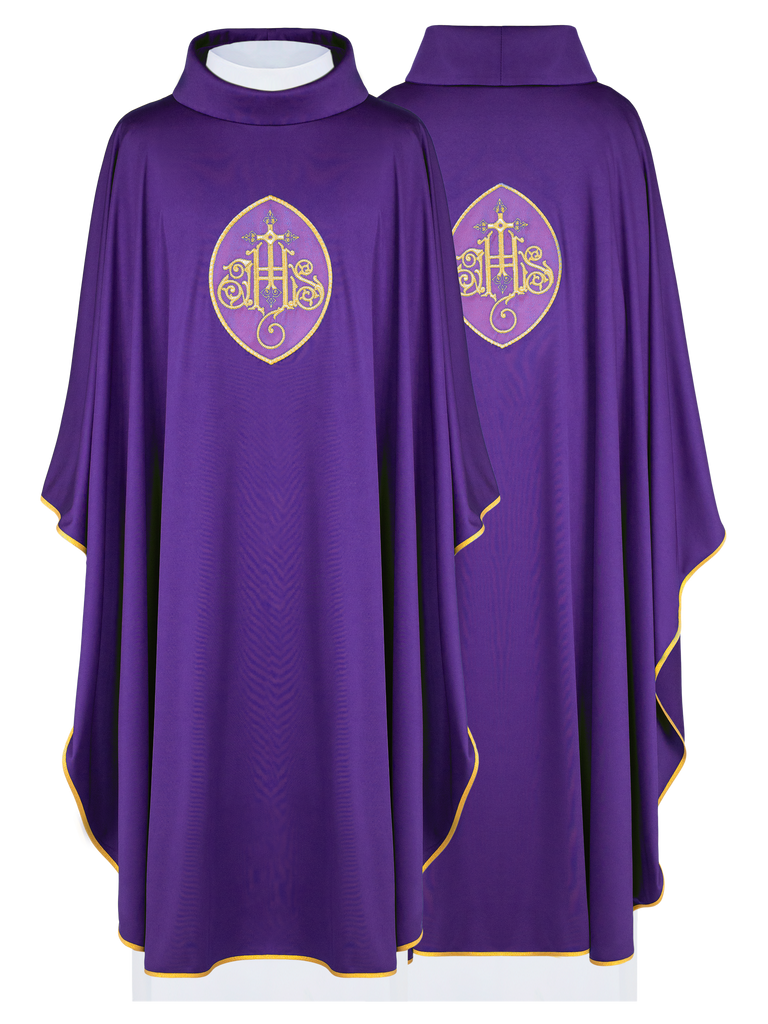 Purple chasuble with IHS made from sports fabric SACROLITE
