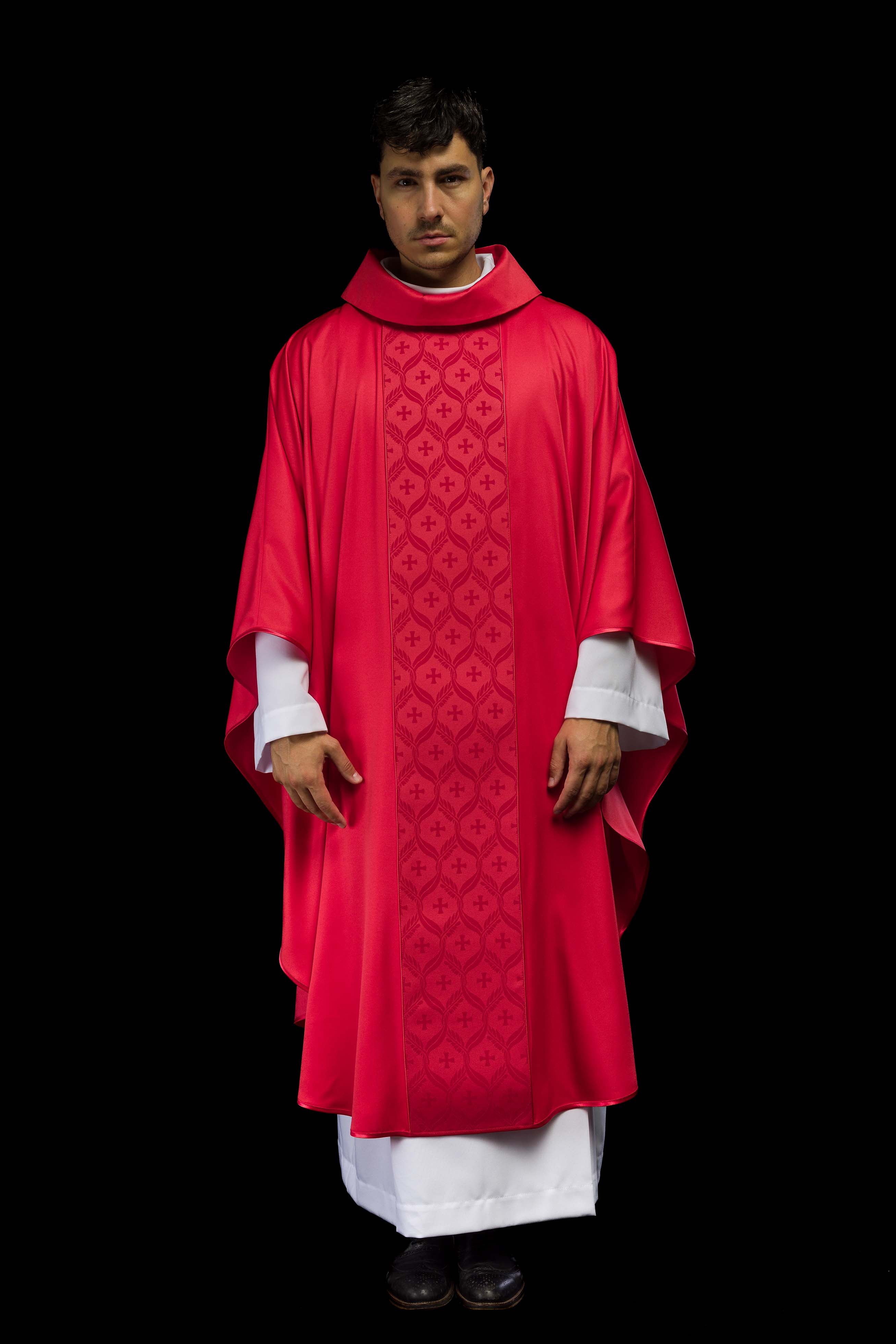 Red Chasuble with Jacquard Orphrey Featuring Cross Motifs