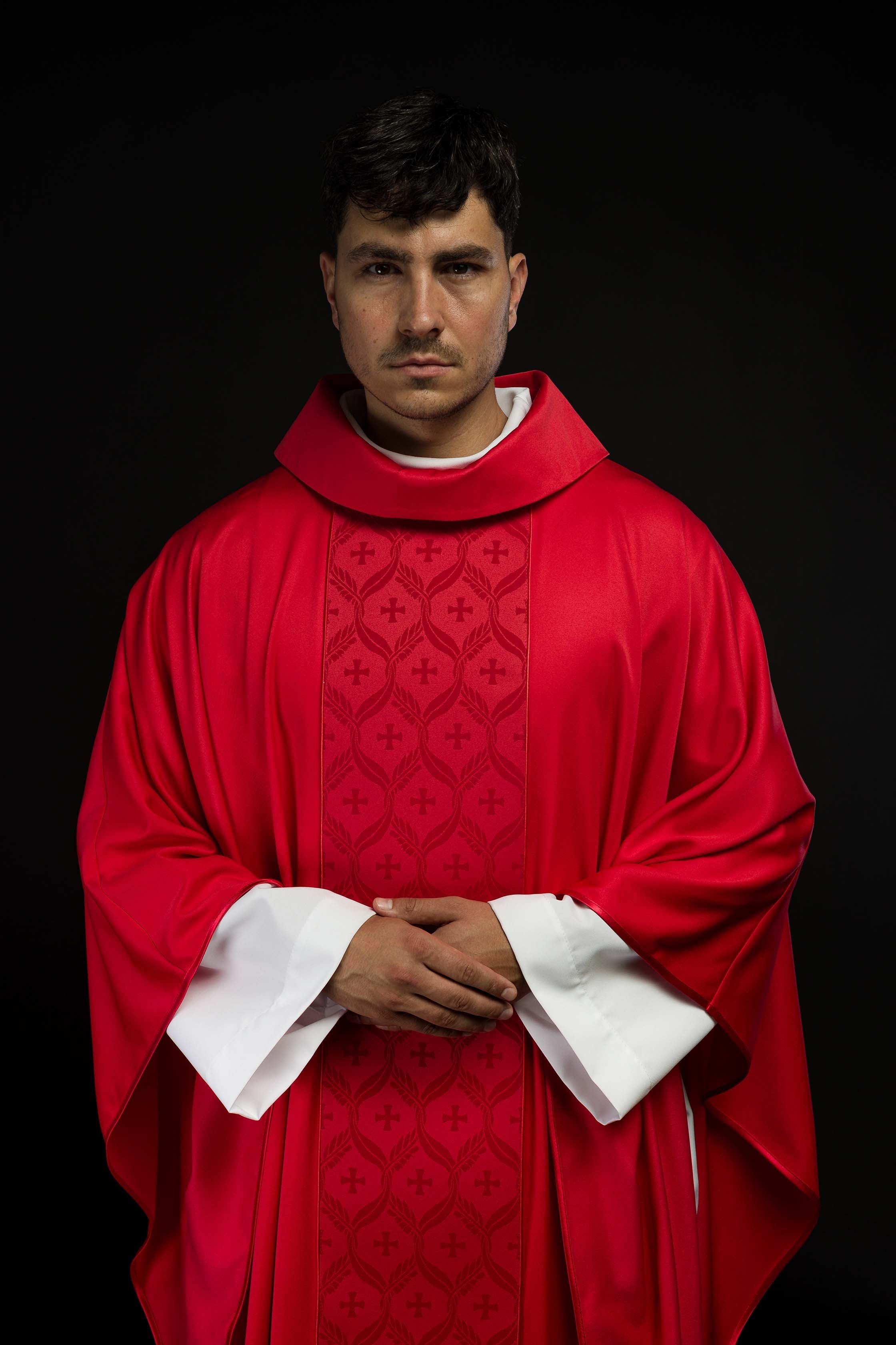 Red Chasuble with Jacquard Orphrey Featuring Cross Motifs