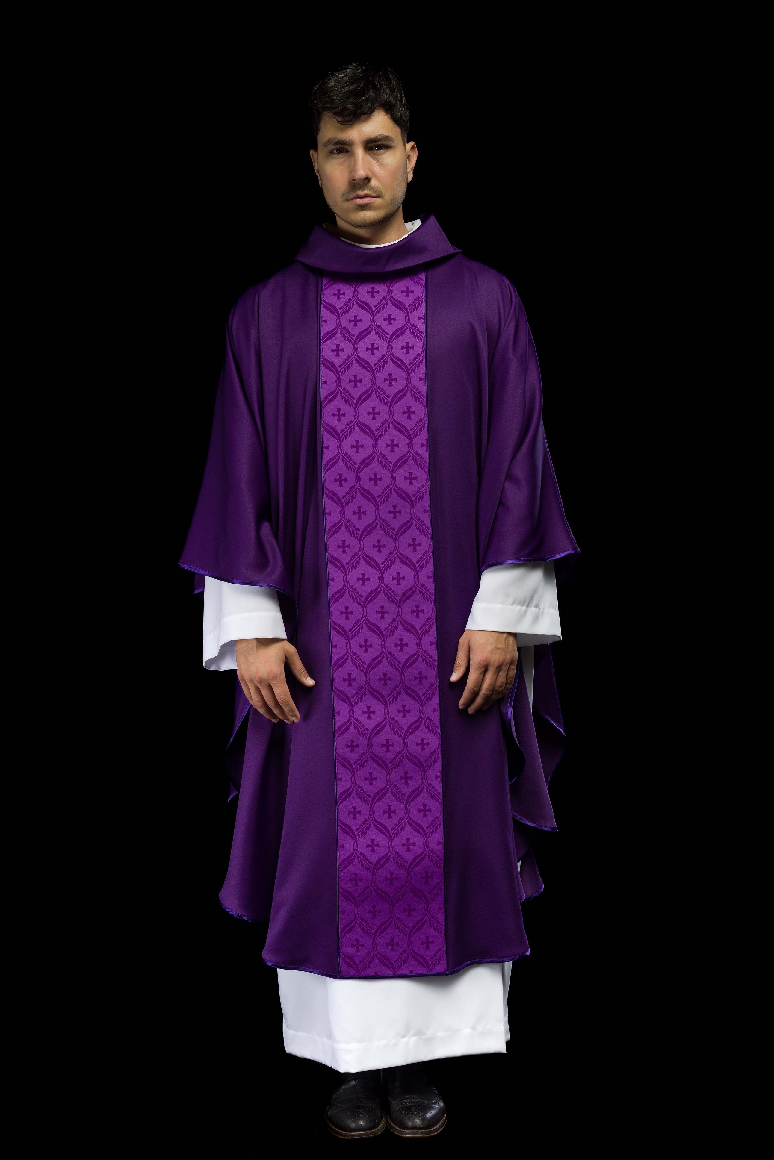 Purple Chasuble with Jacquard Orphrey Featuring Cross Motifs
