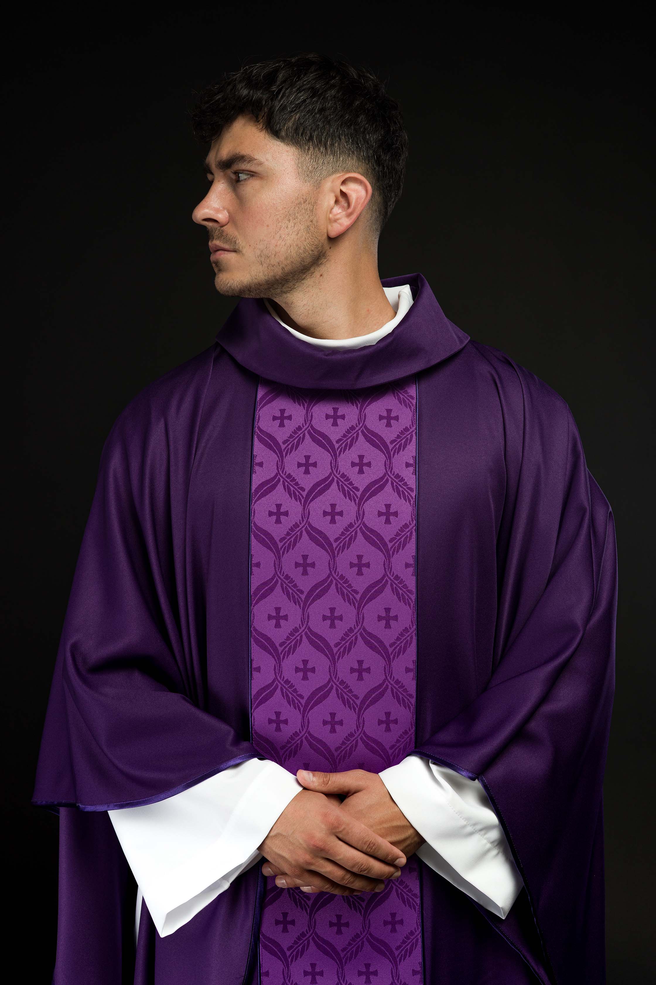 Purple Chasuble with Jacquard Orphrey Featuring Cross Motifs