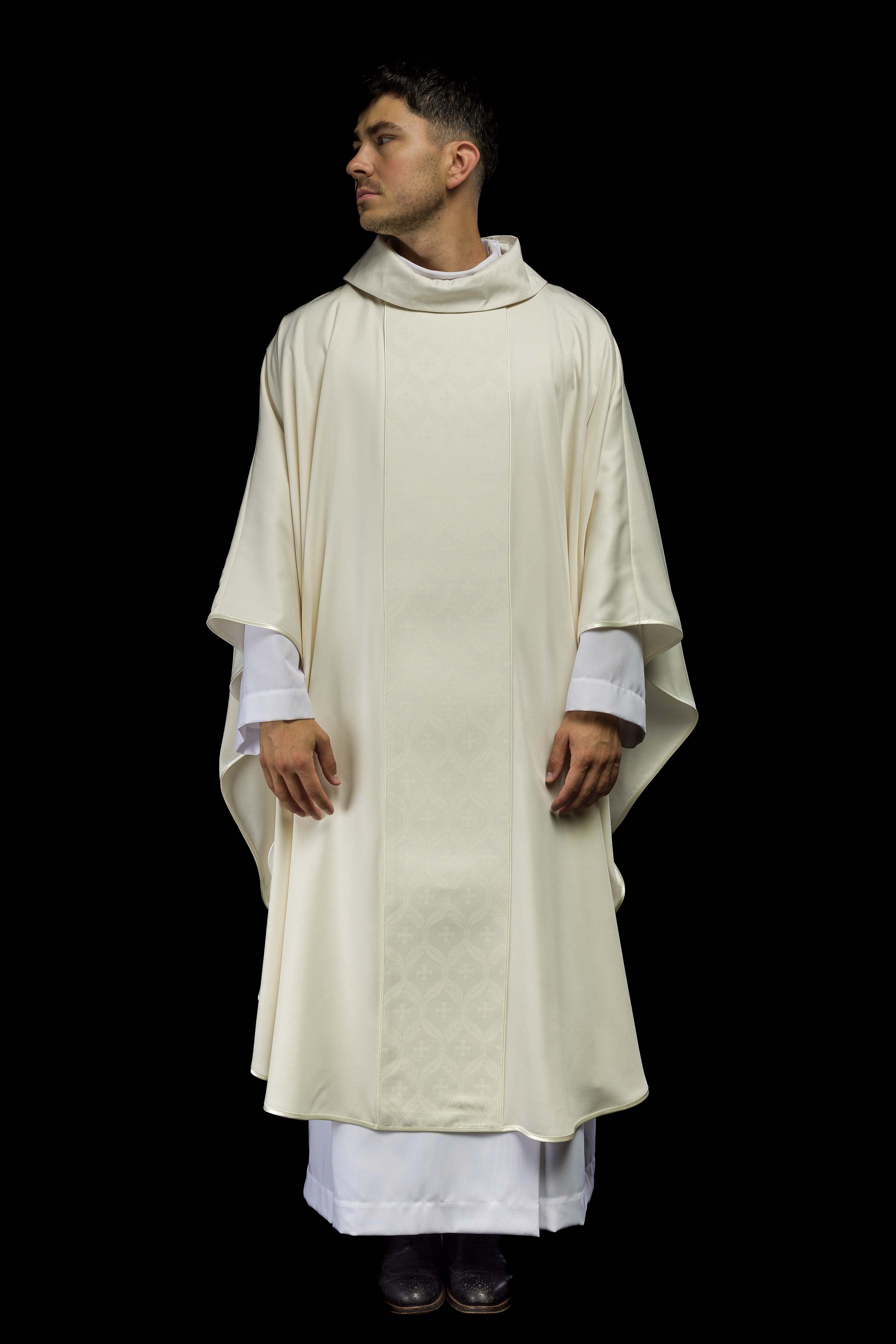 Ecru Chasuble with Jacquard Orphrey Featuring Cross Motifs
