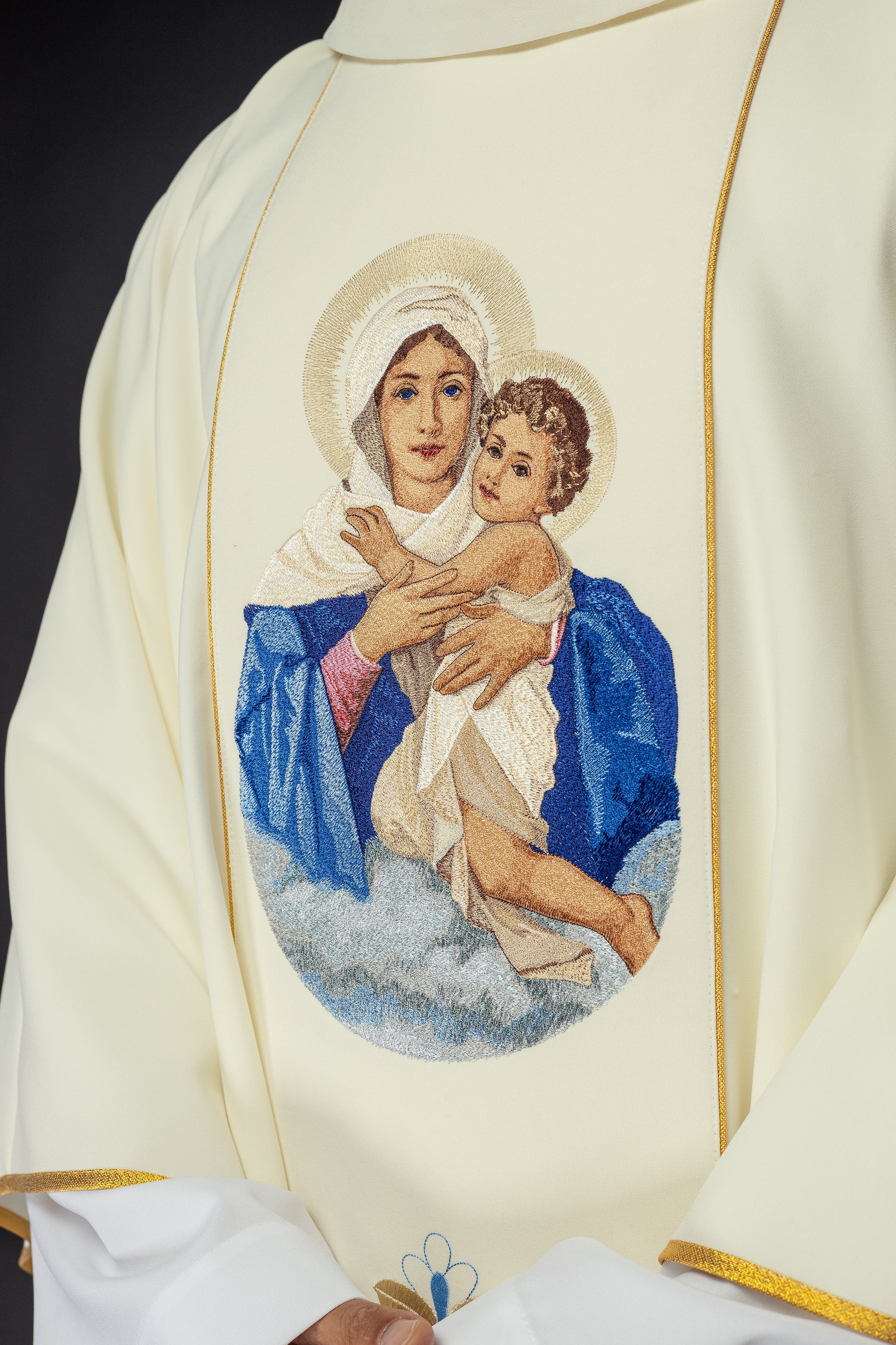 Chasuble with embroidered Our Lady and Child motif