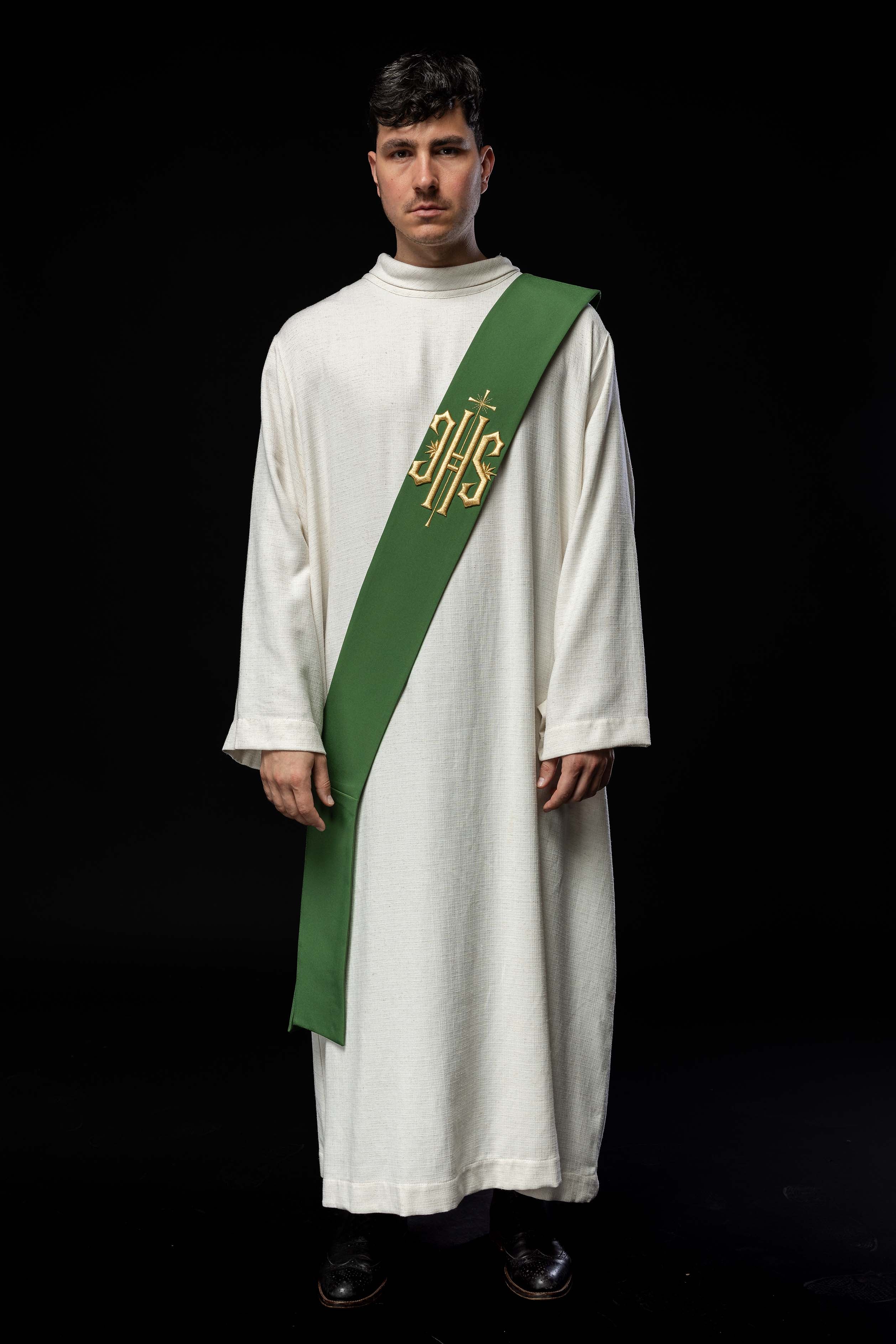 Deacon stole embroidered with IHS and Cross in green