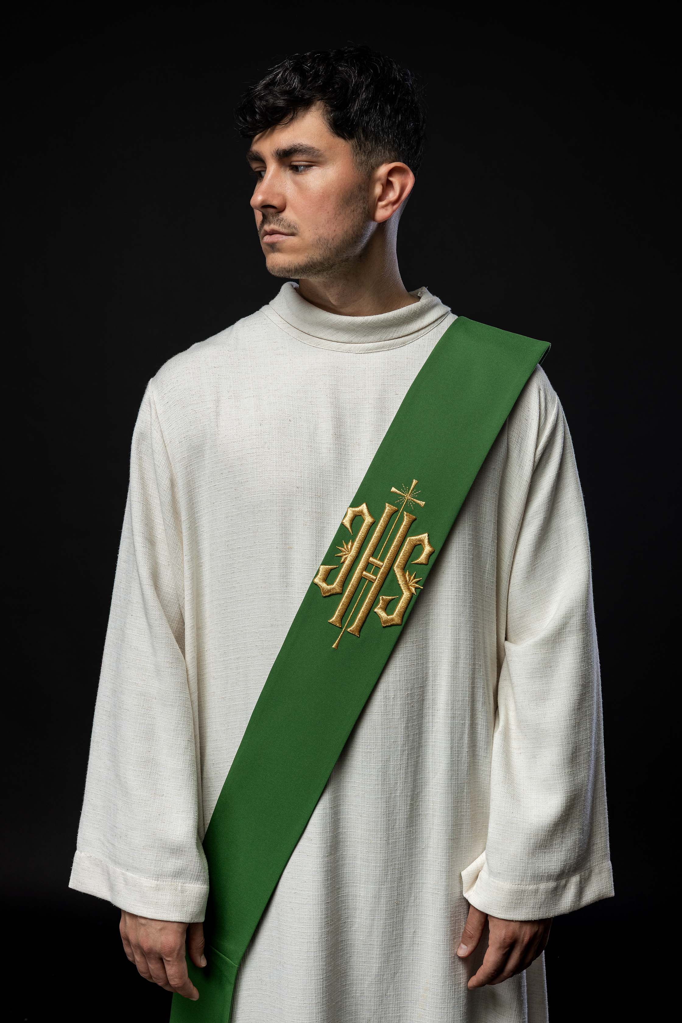 Deacon stole embroidered with IHS and Cross in green
