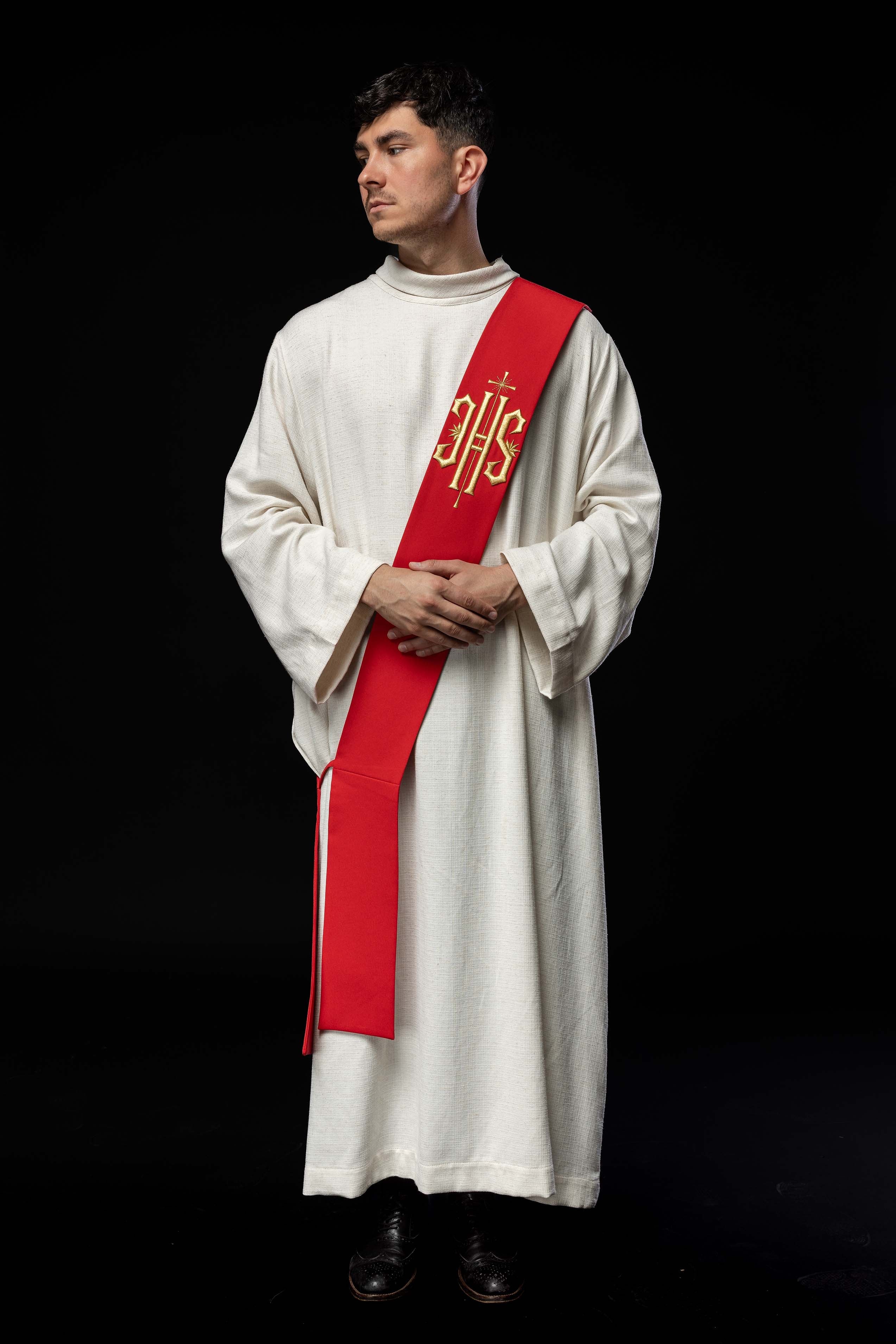 Deacon stole embroidered with IHS and Cross in red