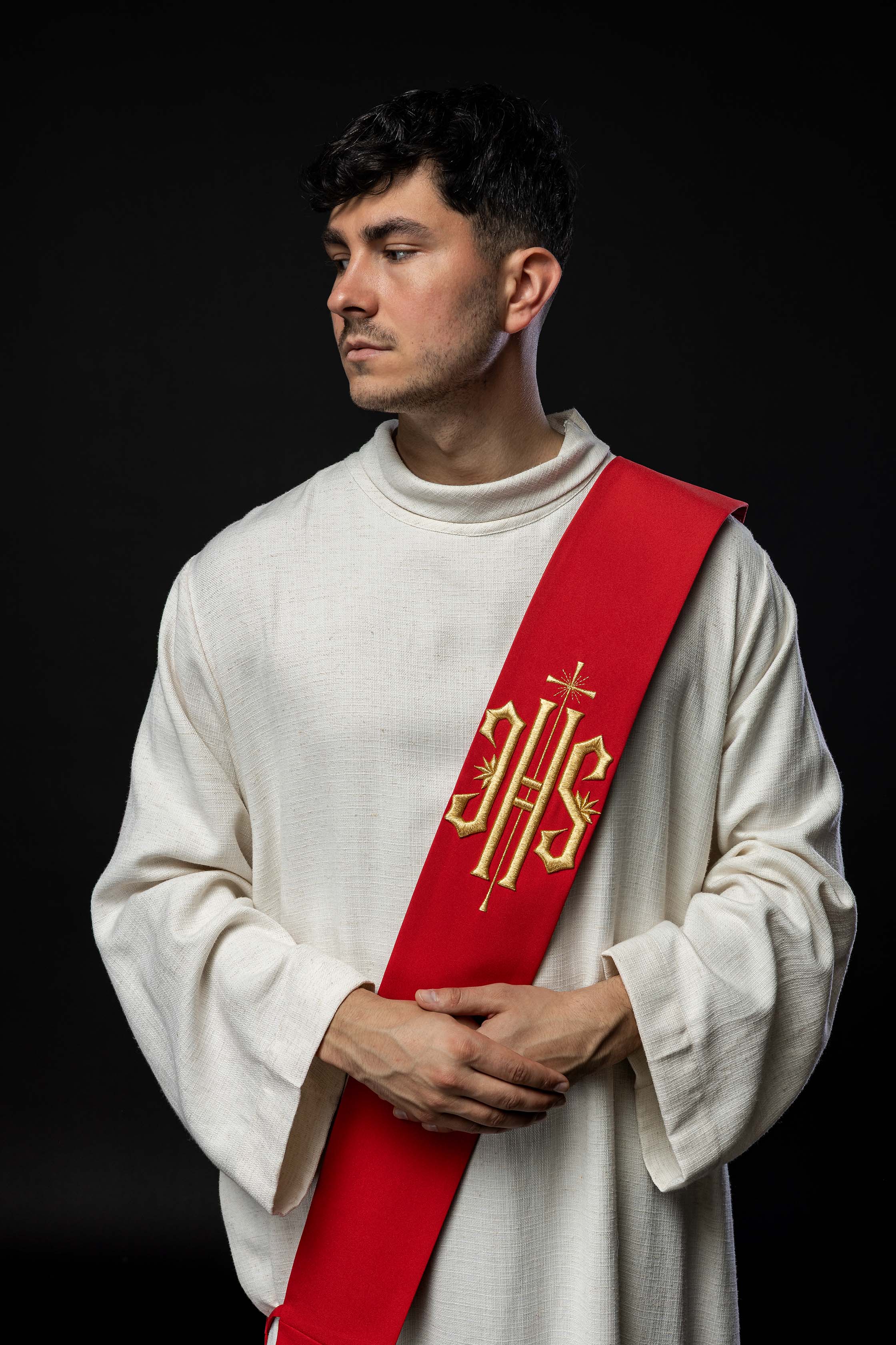 Deacon stole embroidered with IHS and Cross in red