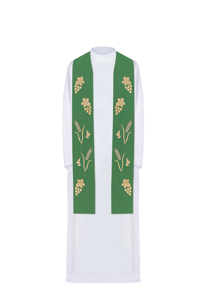 Green priestly stole with grape and wheat embroidery