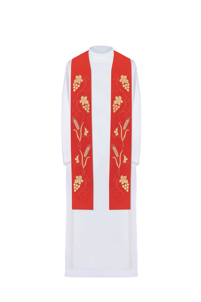 Red priestly stole with grape and wheat embroidery