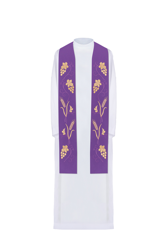 Purple priestly stole with rich grape and wheat embroidery