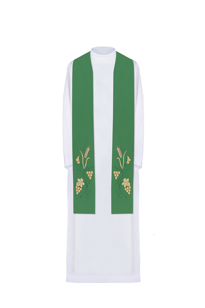 Embroidered priestly stole with grape and wheat motif in green