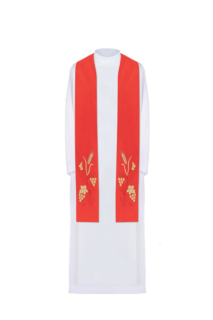 Embroidered priestly stole with grape and wheat motif in red
