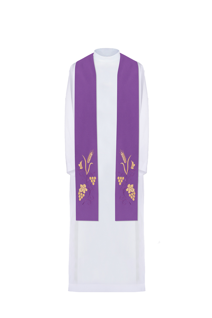 Embroidered priestly stole with grape and wheat motif in purple