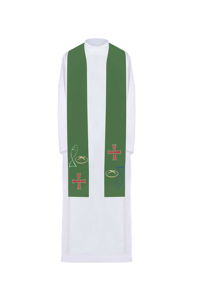 Green priestly stole embroidered with Bread Cross Fish motif