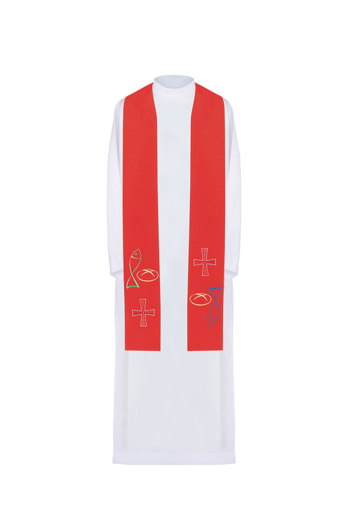 Red priestly stole embroidered with Bread Cross Fish motif