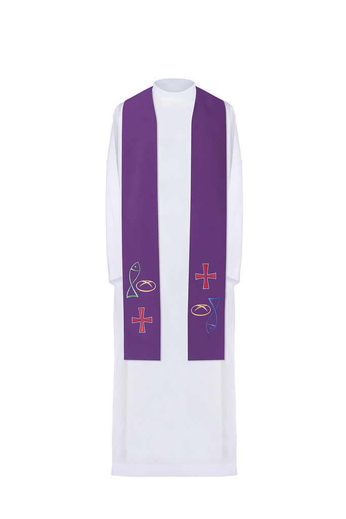Purple priestly stole with embroidered Bread Cross Fish motif