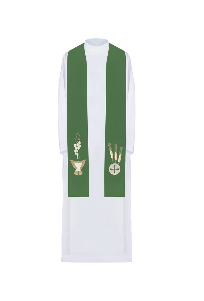 Green priestly stole embroidered with Chalice, Wheat, and Grapes