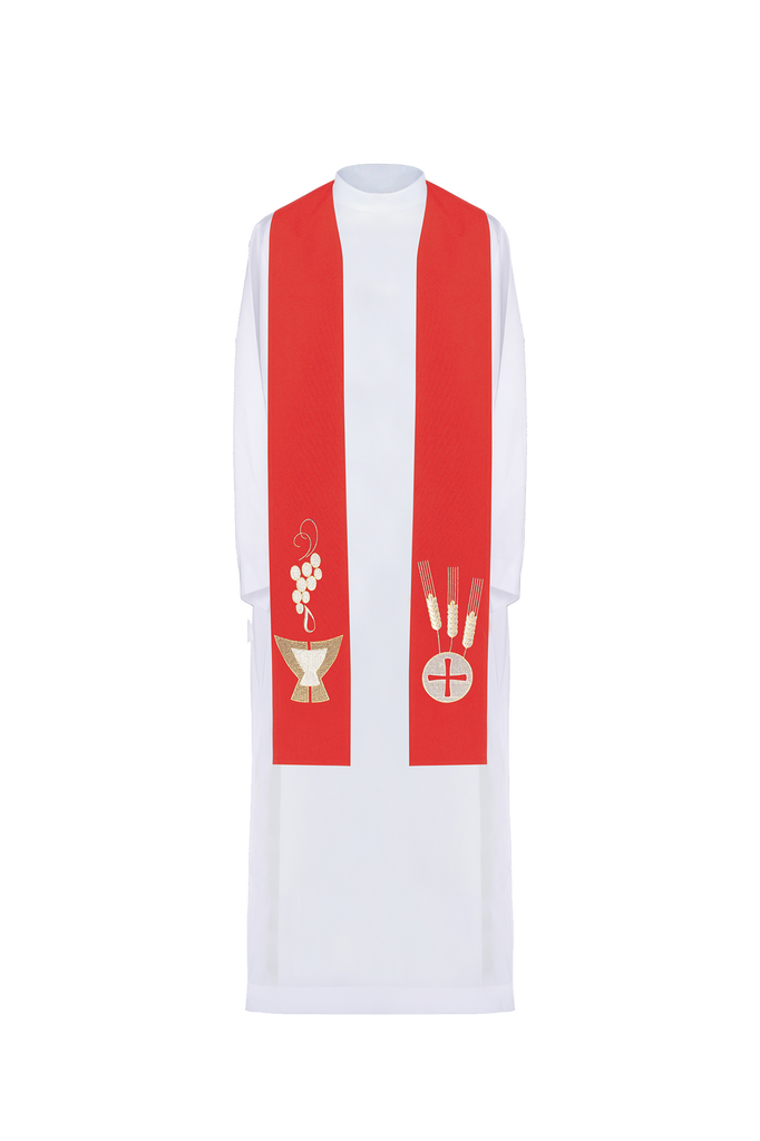 Red priestly stole embroidered with Chalice, Wheat, and Grapes