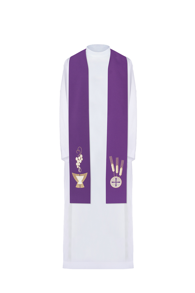 Purple priestly stole embroidered with Chalice, Wheat, and Grapes