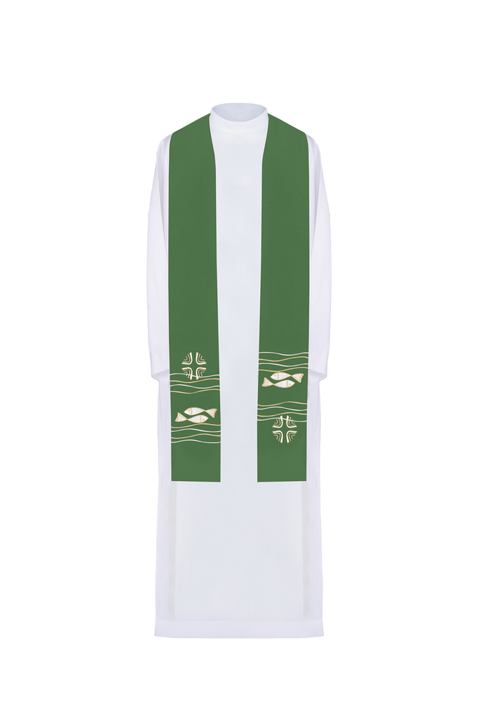 Green priestly stole with embroidered Fish motif